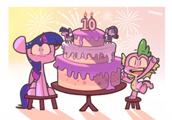 Size: 1820x1265 | Tagged: safe, artist:sourspot, imported from derpibooru, rarity, spike, twilight sparkle, alicorn, dragon, pony, 10, anniversary, cake, celebration, female, food, happy birthday mlp:fim, male, mare, mlp fim's tenth anniversary, stool, twilight sparkle (alicorn), winged spike, wings