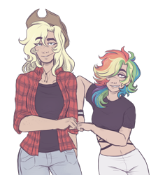 Size: 2800x3100 | Tagged: safe, artist:kikirdcz, imported from derpibooru, applejack, rainbow dash, human, alternate hairstyle, appledash, applejack's hat, belly button, bracelet, breasts, clothes, cowboy hat, ear piercing, earring, eyeshadow, fanfic art, female, fist bump, flannel, freckles, grin, hat, height difference, high res, humanized, jeans, jewelry, lesbian, makeup, midriff, pants, piercing, raffle prize, shipping, shirt, simple background, smiling, t-shirt, tanktop, transparent background, wristband