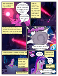 Size: 612x792 | Tagged: safe, artist:newbiespud, edit, edited screencap, imported from derpibooru, screencap, princess cadance, rainbow dash, twilight sparkle, alicorn, pegasus, pony, unicorn, comic:friendship is dragons, a canterlot wedding, angry, cave, comic, crystal, dialogue, female, glowing horn, horn, injured, mare, messy mane, onomatopoeia, reflection, roleplaying, screencap comic, unicorn twilight