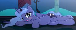 Size: 4097x1600 | Tagged: safe, artist:grapefruitface1, imported from derpibooru, princess luna, alicorn, pony, base used, belly button, blushing, cute, draw me like one of your french girls, female, looking at you, lunabetes, lying down, prone, s1 luna, show accurate, solo