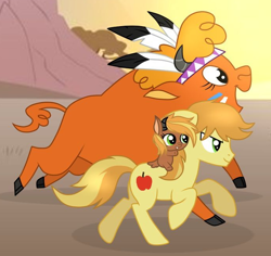 Size: 692x653 | Tagged: safe, imported from derpibooru, braeburn, little strongheart, hybrid, bisony, braeheart, cropped, family, female, male, offspring, parent:braeburn, parent:little strongheart, parents:braeheart, shipping, straight