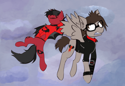 Size: 1920x1315 | Tagged: safe, artist:meaxtonly, imported from derpibooru, bat pony, pegasus, pony, armband, bat wings, clandestine industries, clothes, cloud, commission, duo, duo male, ear fluff, fall out boy, fangs, flying, glasses, hoodie, jacket, lying down, male, mikey way, my chemical romance, on back, open mouth, pete wentz, ponified, relaxing, scarf, shirt, sky, spread wings, stallion, undershirt, wings, wristband, ych result