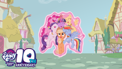 Size: 8000x4500 | Tagged: safe, artist:chief pone, imported from derpibooru, applejack, fluttershy, pinkie pie, rainbow dash, rarity, twilight sparkle, earth pony, pegasus, pony, unicorn, magical mystery cure, 10, a true true friend, background, background tree, big crown thingy, cute, element of magic, eyes closed, eyes open, female, floating, group, group hug, happy birthday mlp:fim, houses, hug, jewelry, logo, magic, magic aura, mane six, mare, mlp fim's tenth anniversary, mlp friendship is magic, multicolored hair, pegasus wings, pink hair, ponyville, rainbow hair, regalia, smiling, telekinesis, town, tree, wings