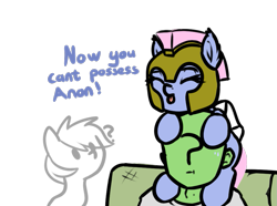 Size: 899x670 | Tagged: safe, artist:neuro, oc, oc only, oc:anon, crystal pony, ghost, ghost pony, human, pegasus, pony, undead, couch, dialogue, eyes closed, female, guardsmare, helmet, mare, pillow armor, raspberry, riding on head, royal guard, simple background, tongue out, transparent background