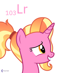 Size: 4000x5000 | Tagged: safe, artist:parclytaxel, imported from derpibooru, luster dawn, pony, unicorn, series:joycall6's periodic table, .svg available, absurd resolution, bust, chemistry, female, grin, lawrencium, mare, periodic table, portrait, profile view, simple background, smiling, solo, vector, white background