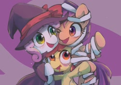 Size: 2000x1400 | Tagged: safe, artist:lexiedraw, imported from derpibooru, apple bloom, scootaloo, sweetie belle, pony, undead, zombie, clothes, costume, cute, cutie mark crusaders, female, filly, halloween, halloween costume, hat, holiday, mummy, one eye closed, open mouth, witch, witch hat