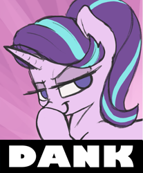 Size: 869x1051 | Tagged: safe, artist:t72b, edit, imported from derpibooru, starlight glimmer, pony, unicorn, boop, caption, dank, image macro, self-boop, text