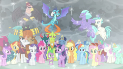 Size: 1920x1080 | Tagged: safe, imported from derpibooru, screencap, amethyst star, applejack, chancellor neighsay, discord, firelight, fluttershy, grampa gruff, lemon hearts, lyra heartstrings, minuette, moondancer, night light, party favor, pharynx, pinkie pie, prince rutherford, princess celestia, princess ember, rainbow dash, rarity, seaspray, sparkler, spike, starlight glimmer, stellar flare, sunburst, tempest shadow, terramar, thorax, trixie, twilight sparkle, twilight velvet, twinkleshine, alicorn, changedling, changeling, classical hippogriff, dragon, earth pony, griffon, hippogriff, pony, yak, the ending of the end, dragoness, female, force field, glowing horn, horn, king thorax, magic, male, mane seven, mane six, mare, prince pharynx, stallion, twilight sparkle (alicorn), winged spike, wings