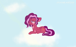 Size: 700x434 | Tagged: safe, artist:poniartsy, imported from derpibooru, oc, oc only, oc:cinnamon hearts, pegasus, pony, cloud, day, female, floppy ears, hearts on cheeks, looking up, lying down, lying on a cloud, on a cloud, pegasus oc, solo, wings