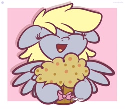 Size: 1200x1040 | Tagged: dead source, safe, artist:kimjoman, artist:php142, artist:purpleflix, imported from derpibooru, derpy hooves, pegasus, pony, bow, cute, derpabetes, eyes closed, female, food, implied doctor whooves, implied doctorderpy, implied shipping, implied straight, mare, muffin, open mouth, solo