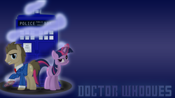 Size: 1360x768 | Tagged: safe, artist:flamingo1986, artist:guandi97, artist:rt18, imported from derpibooru, doctor whooves, time turner, twilight sparkle, earth pony, pony, unicorn, clothes, doctor who, doctor whooves adventures, duo, female, magic, male, mare, necktie, simple background, sonic screwdriver, stallion, suit, tardis, telekinesis, the doctor, unicorn twilight