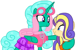 Size: 1612x1046 | Tagged: safe, artist:徐詩珮, imported from derpibooru, glitter drops, oc, oc:peppermint apple, alicorn, pony, bubbleverse, series:sprglitemplight diary, series:sprglitemplight life jacket days, series:springshadowdrops diary, series:springshadowdrops life jacket days, alicornified, alternate universe, base used, clothes, cute, glittercorn, lifejacket, magical lesbian spawn, offspring, older, older glitter drops, parent:applejack, parent:rarity, parents:rarijack, paw patrol, race swap, simple background, skye (paw patrol), transparent background