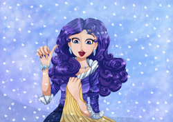 Size: 4093x2894 | Tagged: safe, artist:theladysknight, imported from derpibooru, rarity, human, alternate hairstyle, bracelet, clothes, coat, dress, ear piercing, earring, eyeshadow, female, fur coat, humanized, jacket, jewelry, lipstick, makeup, nail polish, necklace, needle, open mouth, piercing, sewing needle, solo, thread