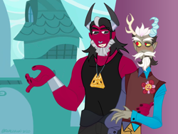 Size: 2048x1552 | Tagged: safe, imported from derpibooru, discord, lord tirek, human, twilight's kingdom, blushing, gay, horn, horned humanization, humanized, male, scene interpretation, scorpan's necklace, shipping, tirekcord