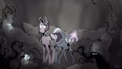 Size: 1921x1081 | Tagged: safe, artist:urbanqhoul, imported from derpibooru, starlight glimmer, trixie, pony, unicorn, bag, duo, forest, glowing mushroom, mushroom, saddle bag, scared