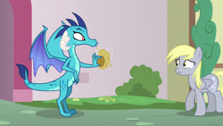 Size: 1280x720 | Tagged: safe, imported from derpibooru, screencap, derpy hooves, princess ember, dragon, pegasus, pony, triple threat, backing away, duo, duo female, female, food, muffin, r.i.p derpy's delicious muffin, shocked expression, shocked face, squashed, squashing, this will end in revenge