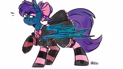 Size: 3555x2000 | Tagged: safe, artist:irusu_kun, artist:lrusu, imported from derpibooru, oc, oc only, oc:stardust, oc:stardust(cosmiceclipse), bat pony, pony, bow, clothes, crossdressing, femboy, maid, male, ponytail, simple background, socks, solo, stallion, striped socks, white background