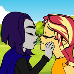 Size: 768x768 | Tagged: safe, artist:felix lynn, artist:thatradhedgehog, imported from derpibooru, sunset shimmer, equestria girls, crossover, eyes closed, female, imminent kissing, lesbian, raven (dc comics), raven (teen titans), shimrav, teen titans