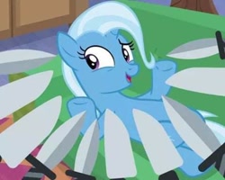 Size: 480x384 | Tagged: safe, edit, edited screencap, imported from derpibooru, screencap, trixie, pony, unicorn, road to friendship, cropped, knife, meme, offscreen character, solo, sword, tangled (disney), weapon