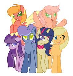 Size: 873x917 | Tagged: safe, artist:jeanettemiller547, imported from derpibooru, oc, oc only, oc:alexander apple, oc:aquila, oc:bumble honey, oc:crystal apple, oc:crystal magix, oc:popper, earth pony, pegasus, pony, unicorn, base used, colored pupils, female, male, mare, next generation, offspring, one eye closed, parent:applejack, parent:big macintosh, parent:caramel, parent:comet tail, parent:fluttershy, parent:pinkie pie, parent:pokey pierce, parent:twilight sparkle, parents:carajack, parents:cometlight, parents:fluttermac, parents:pokeypie, simple background, stallion, transparent background, wink