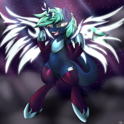 Size: 2500x2500 | Tagged: safe, artist:novaspark, imported from derpibooru, oc, oc only, oc:nova spark, monster pony, original species, tatzlpony, artificial wings, augmented, clothes, fangs, flying, glowing eyes, glowing horn, horn, jewelry, magic, magic wings, nightmarified, regalia, socks, solo, stockings, thigh highs, wings