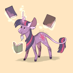 Size: 2000x2000 | Tagged: safe, artist:glitterstar2000, imported from derpibooru, twilight sparkle, classical unicorn, pony, unicorn, beard, book, bookhorse, cloven hooves, facial hair, female, goatee, high res, leonine tail, levitation, magic, mare, simple background, solo, telekinesis, unicorn twilight, unshorn fetlocks, yellow background