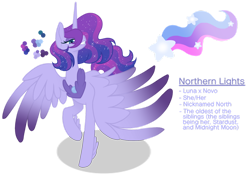 Size: 1280x903 | Tagged: safe, artist:magicuniclaws, imported from derpibooru, oc, oc only, oc:northern lights, alicorn, hybrid, pony, colored wings, colored wingtips, female, magical lesbian spawn, mare, offspring, parent:princess luna, parent:queen novo, simple background, solo, transparent background, wings