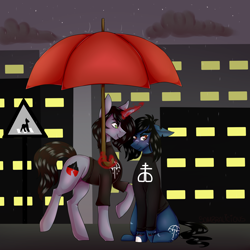 Size: 2500x2500 | Tagged: safe, artist:sombralicious, imported from derpibooru, pony, undead, zombie, zombie pony, bone, bring me the horizon, city, clothes, cloud, commission, disguise, disguised siren, drop dead clothing, duo, duo male, floppy ears, glowing horn, horn, kellin quinn, long sleeves, magic, magic aura, male, oliver sykes, outdoors, ponified, rain, road, road sign, scar, shirt, sitting, sky, sleeping with sirens, stallion, stitches, t-shirt, tattoo, torn ear, umbrella, ych result