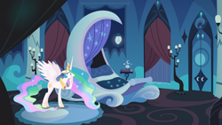 Size: 1280x720 | Tagged: safe, artist:boneswolbach, artist:dashiesparkle edit, edit, editor:jaredking203, editor:jaredking779, imported from derpibooru, vector edit, princess celestia, alicorn, pony, female, jewelry, luna's room, mare, overreacting, regalia, vector