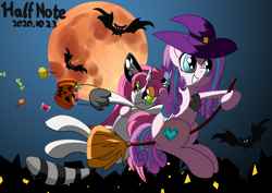 Size: 3508x2480 | Tagged: safe, imported from derpibooru, oc, oc:half note, bat, unicorn, broom, flying, flying broomstick, hat, horn, moon, night, nightmare night, nightmarenight, unicorn oc, witch hat