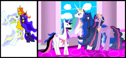 Size: 4397x2043 | Tagged: safe, artist:all7, imported from derpibooru, princess celestia, princess luna, twilight sparkle, oc, oc:circe, oc:widget, alicorn, unicorn, the last problem, canterlot castle, colored, happy birthday mlp:fim, horn, hug, jewelry, mlp fim's tenth anniversary, princess twilight 2.0, regalia, simple background, twilight sparkle (alicorn), unicorn oc, wings missing