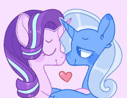 Size: 461x357 | Tagged: safe, artist:sun-rabbit-art, imported from derpibooru, starlight glimmer, trixie, pony, unicorn, eyes closed, female, heart, lesbian, mare, pink background, shipping, simple background, smiling, startrix