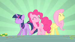 Size: 1280x720 | Tagged: safe, imported from derpibooru, screencap, fluttershy, pinkie pie, twilight sparkle, earth pony, pegasus, unicorn, party of one, dancing, eyes closed, female, mare, trio