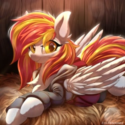 Size: 2500x2500 | Tagged: safe, artist:ask-colorsound, imported from derpibooru, oc, oc only, oc:diamond sun, pegasus, pony, barn, clothes, commission, female, fluffy, hay, looking at you, lying down, mare, solo, ych result