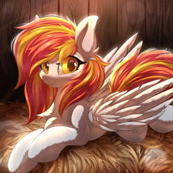 Size: 5000x5000 | Tagged: safe, alternate version, artist:ask-colorsound, imported from derpibooru, oc, oc only, oc:diamond sun, pegasus, pony, absurd resolution, barn, commission, female, fluffy, hay, looking at you, lying down, mare, solo, ych result