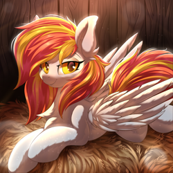Size: 5000x5000 | Tagged: safe, alternate version, artist:ask-colorsound, imported from derpibooru, oc, oc only, oc:diamond sun, pegasus, pony, absurd resolution, barn, bedroom eyes, commission, female, fluffy, hay, looking at you, lying down, mare, solo, ych result