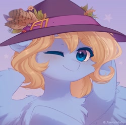 Size: 1279x1268 | Tagged: safe, artist:floweryoutoday, imported from derpibooru, oc, oc only, oc:lusty symphony, pegasus, bust, commission, female, flower, hat, leaves, mare, one eye closed, pegasus oc, smiling, wings, wink