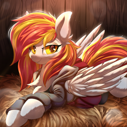 Size: 5000x5000 | Tagged: safe, alternate version, artist:ask-colorsound, imported from derpibooru, oc, oc only, oc:diamond sun, pegasus, pony, absurd resolution, barn, bedroom eyes, clothes, commission, female, fluffy, hay, looking at you, lying down, mare, solo, ych result