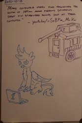 Size: 1544x2312 | Tagged: safe, artist:sketchwork_gd_inuk, imported from derpibooru, gallus, griffon, computer, implied trixie, laptop computer, quote, solo, tank (vehicle), traditional art, trixie's wagon, whiteboard
