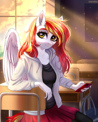 Size: 3000x3720 | Tagged: safe, artist:hakaina, imported from derpibooru, oc, oc only, oc:diamond sun, anthro, pegasus, anthro oc, bag, bushy brows, cellphone, chair, classroom, clothes, commission, desk, dust, female, hoodie, light rays, looking at you, mare, pegasus oc, phone, sitting, skirt, smartphone, solo, window, wings, ych result