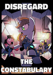 Size: 600x852 | Tagged: safe, artist:php104, edit, imported from derpibooru, oc, oc only, oc:littlepip, earth pony, pony, unicorn, fallout equestria, caption, clothes, fanfic, fanfic art, female, fuck the police, hooves, horn, image macro, jumpsuit, male, mare, meme, open mouth, pipbuck, stallion, text, vault suit