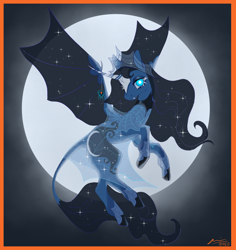 Size: 1700x1800 | Tagged: safe, artist:creeate97, imported from derpibooru, princess luna, alicorn, bat pony, bat pony alicorn, pony, spider, alternate design, bat wings, clothes, cute, cute little fangs, dress, fangs, female, flying, full moon, halloween, holiday, horn, leonine tail, looking at you, mare, moon, night, race swap, see-through, solo, wings