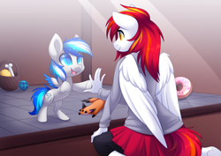 Size: 5261x3722 | Tagged: safe, artist:scarlet-spectrum, imported from derpibooru, oc, oc only, oc:diamond sun, oc:hawker hurricane, anthro, pegasus, pony, unguligrade anthro, series:pet hawk, alternate universe, anthro with ponies, clothes, colt, commission, female, hawkmond, kneeling, male, mare, skirt, smiling, solo
