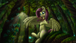 Size: 1920x1080 | Tagged: safe, artist:nuxersopus, imported from derpibooru, fluttershy, bird, pegasus, pony, background, cute, foliage, forest, moss, scenery, shyabetes, solo, that pony sure does love animals, tree, wisp