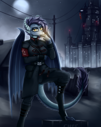 Size: 3200x4000 | Tagged: artist needed, safe, artist:sinniepony, imported from derpibooru, oc, oc only, oc:smold, anthro, digitigrade anthro, dragon, equestria at war mod, arm under breasts, breasts, cigarette, clothes, dragon oc, dragoness, female, kgb, moon, night, smoke, smoking, solo, stalliongrad, town, uniform