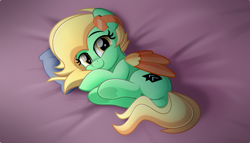 Size: 800x459 | Tagged: safe, artist:jhayarr23, imported from derpibooru, oc, oc only, oc:honey breeze, pegasus, pony, cute, headphones, pillow, solo, underhoof