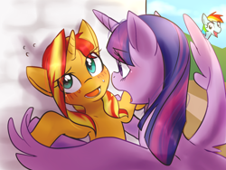 Size: 1400x1050 | Tagged: safe, artist:haden-2375, imported from derpibooru, rainbow dash, sunset shimmer, twilight sparkle, alicorn, pony, unicorn, blushing, cute, female, lesbian, shimmerbetes, shipping, sunsetsparkle, twiabetes, twilight sparkle (alicorn)