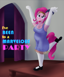 Size: 2000x2400 | Tagged: safe, artist:sixes&sevens, imported from derpibooru, pinkie pie, anthro, arms in the air, breasts, busty pinkie pie, chubbie pie, chubby, clothes, dancing, dress, evening gloves, feather, flapper, gloves, headband, jewelry, long gloves, necklace, shoes, socks, thigh highs