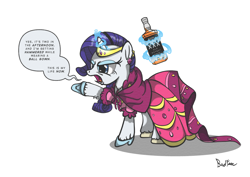 Size: 1298x919 | Tagged: safe, artist:perfectblue97, imported from derpibooru, rarity, unicorn, alcohol, bottle, clothes, crown, dress, drunk, drunk rarity, gala dress, go home you're drunk, hoof fluff, hoof shoes, jewelry, levitation, magic, open mouth, regalia, simple background, telekinesis, whiskey, white background