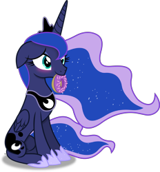 Size: 3680x3964 | Tagged: safe, artist:anime-equestria, imported from derpibooru, princess luna, alicorn, pony, blushing, crown, cute, donut, female, floppy ears, food, happy, high res, horn, jewelry, lunabetes, mare, mouth hold, regalia, simple background, sitting, solo, transparent background, vector, wings
